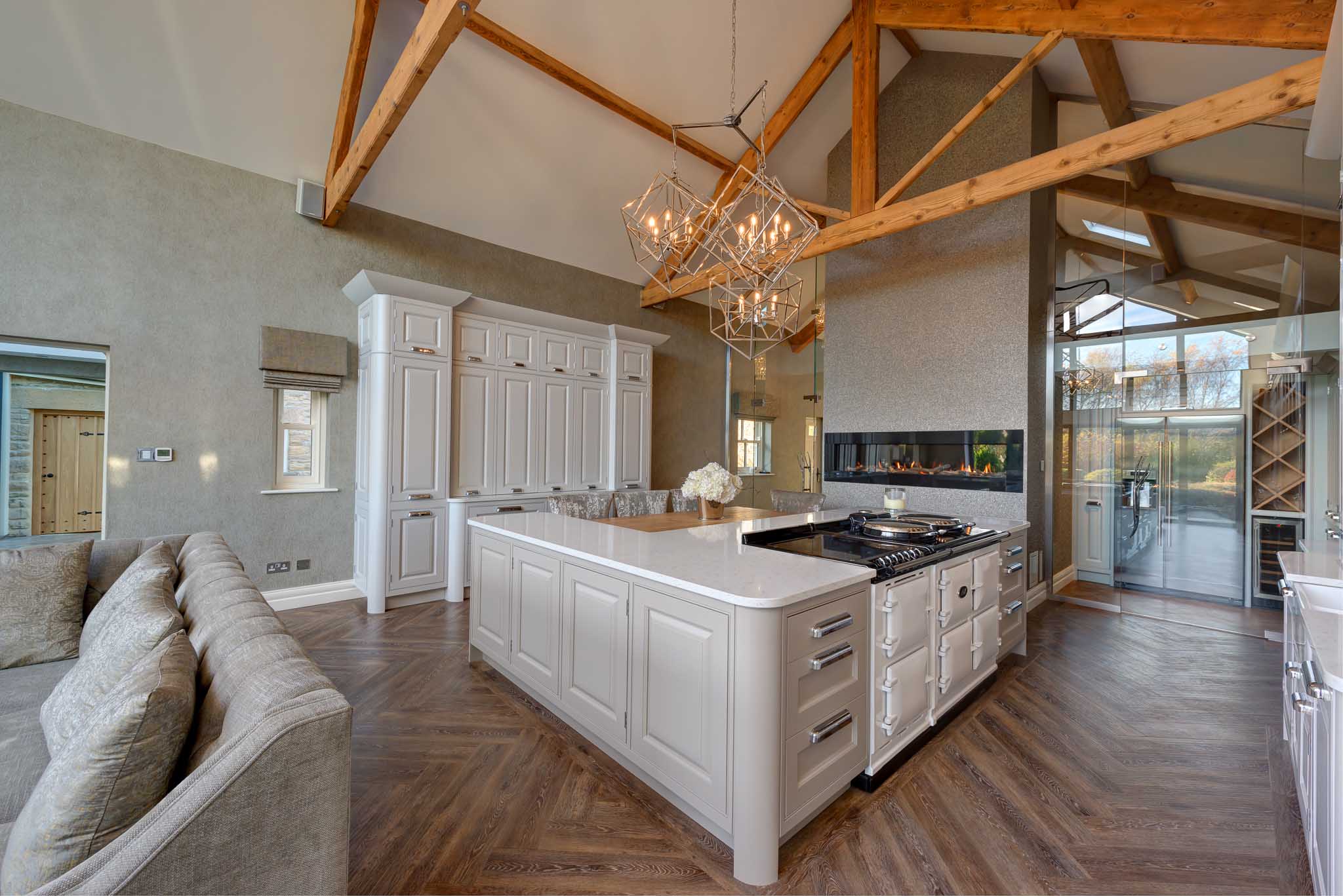 bespoke painted new england kitchen with island and booth