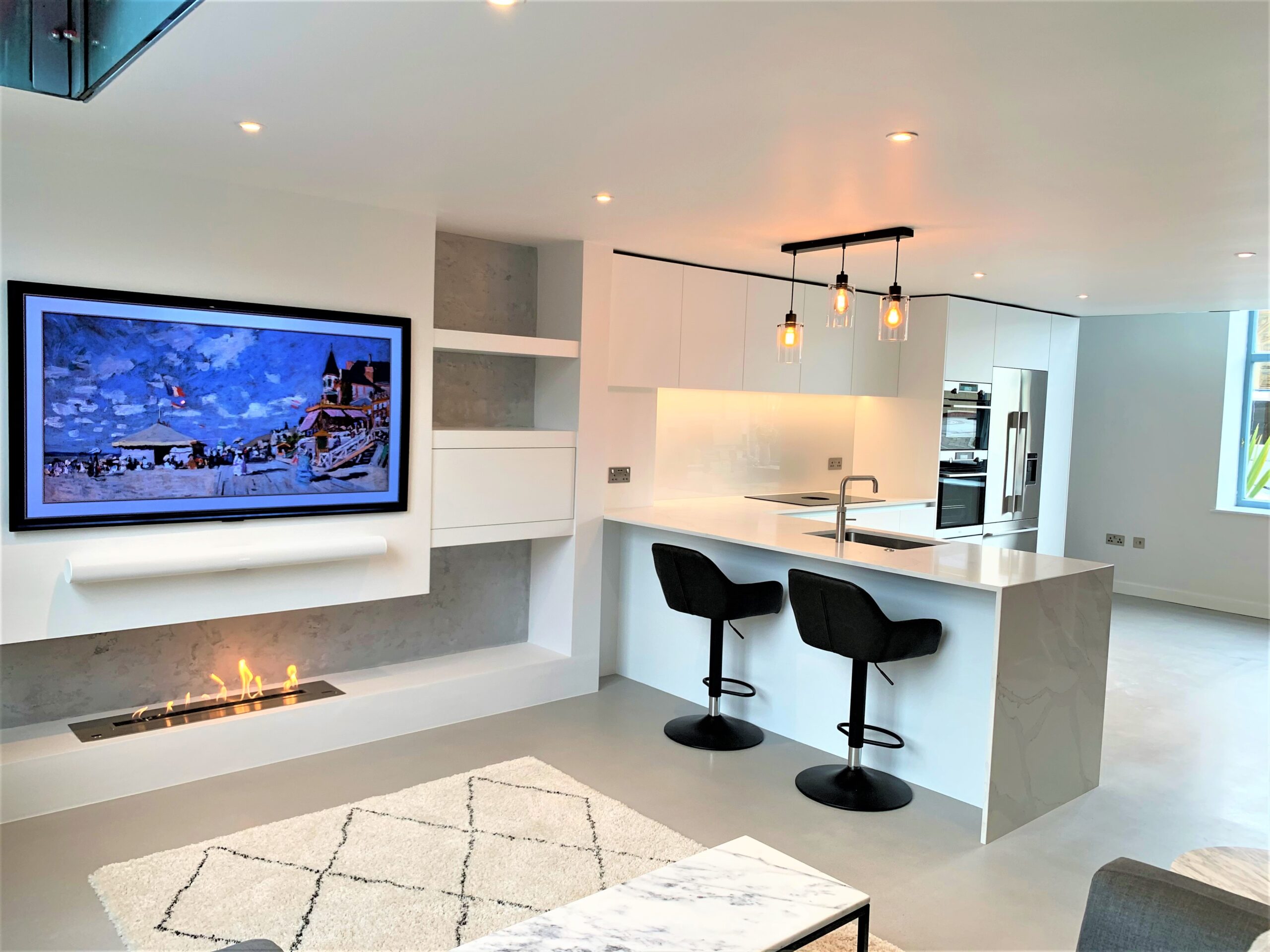 urban minimalist monochromatic breakfasting kitchen