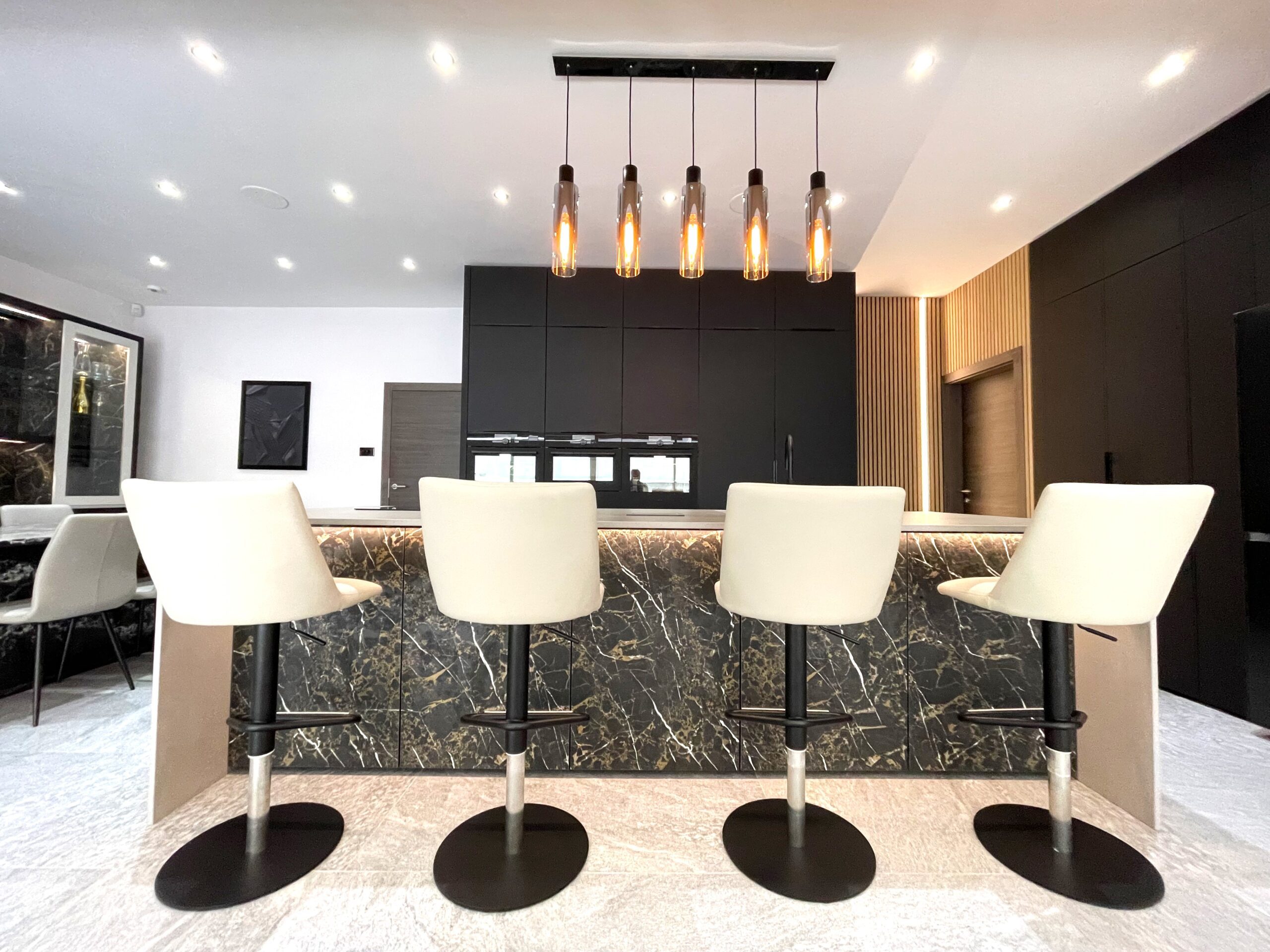 matt black with gold and white kitchen living and media furniture