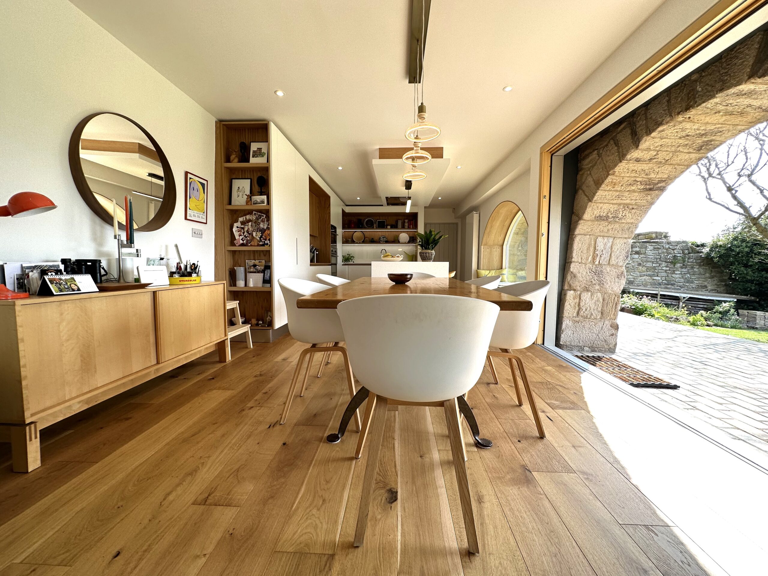 scandi inspired breakfasting kitchen with corian worksurfaces